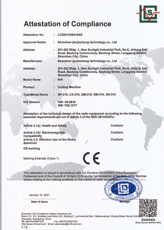 CE attestation of compliance for listed JJT cutting machine models
