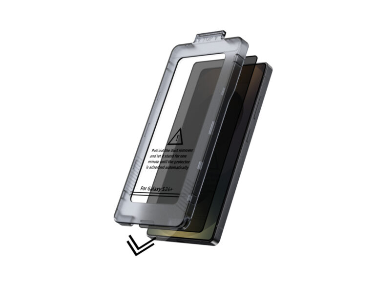 JJT Samsung Privacy Tempered Glass Screen Protector with optional installation housing reference